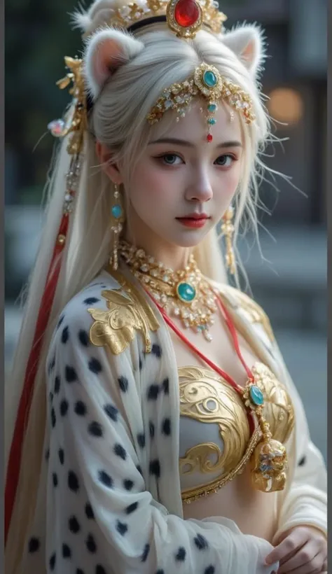 This image depicts a fictional story-inspired character with a striking and elaborate appearance. People this object wears a luxurious costume that combines elements of fantasy and traditional costumes. The following is the details:

1. ** outfit **: The c...