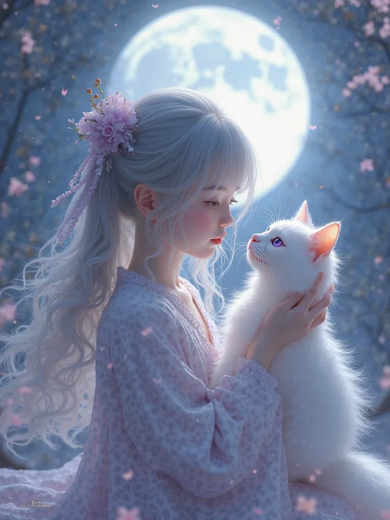 Ephemeral Girl, Beautiful, Fluffy, Gray Hair, Light Purple Eyes, Asian Face Under the Full Moon Playing with a White Cat