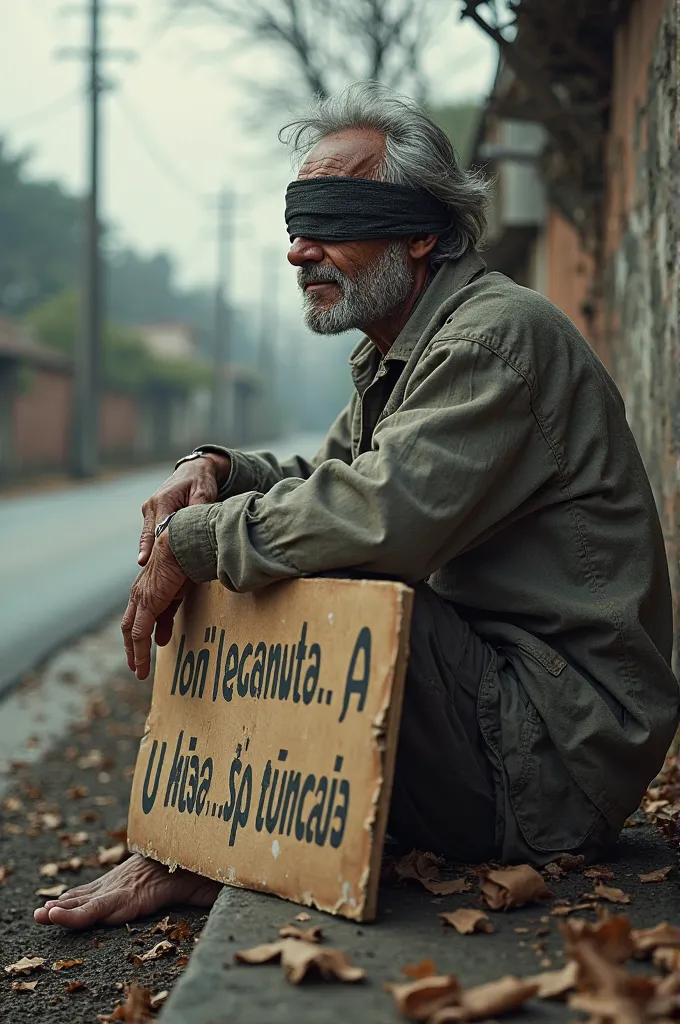 Initial scene: a blind man sits on the side of the road with a sign that say " SAYA ORANG BUTA, TOLONG BANTU SAYA " 