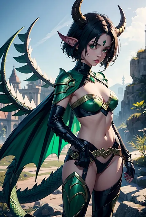 full body dragonborn woman, Yellow Dragon Eyes, green scales and green horns, short dark hair, Make it more draconic with more scales on the face but leaving beauty, Put on dragon wings, scales on the cheek, Dragon legs and a green tail, female armor and a...