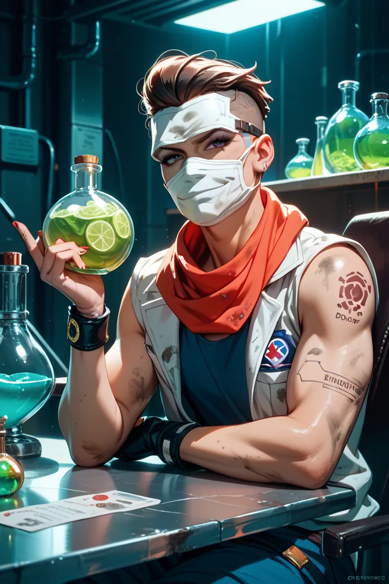 mad doctor with cyberpunk medic optics, sci fi, fantastic ,sitting on the chair in the chemical lab, wearing poison lime potion, smirk, mystery, fantastic, dirty, scarf mask, dark room