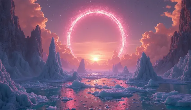 the planet Azuron, a world of vertical oceans suspended that form liquid pillars between purple and orange skies, sparkling rings of ice cutting the horizon like spirals of diamonds, bioluminescent clouds pulsating in a hypnotic rhythm. sharp in high defin...