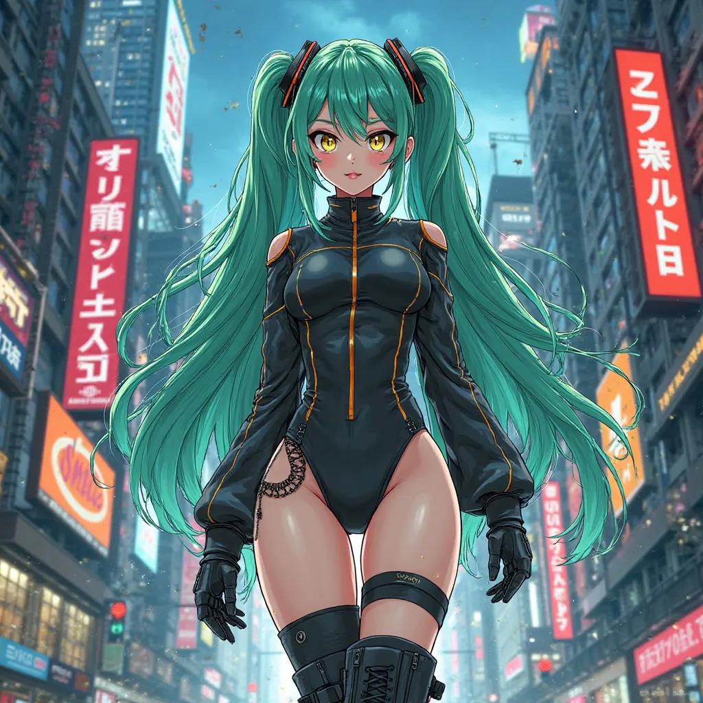 ANIME DRAWING BEAUTIFUL LOOKING GIRL WITH LONG HAIR WITH GREEN HAIR, YELLOW EYES IN GAMER DRESS, GIRL WALKING IN THE CITY