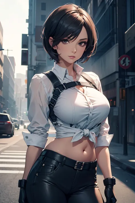 A beautiful woman, short hair,  with a half-sleeve blouse tied, belly button and tight pants, fingerless gloves, tactical style , best quality, HD model,  Masterpiece,  detailed, HD