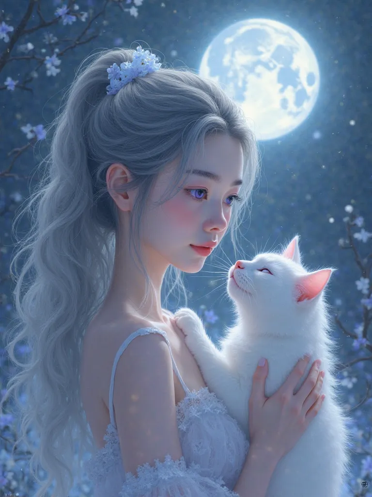 Ephemeral, beautiful, fluffy gray hair, light purple eyes, Asian face under a full moon playing with a white cat