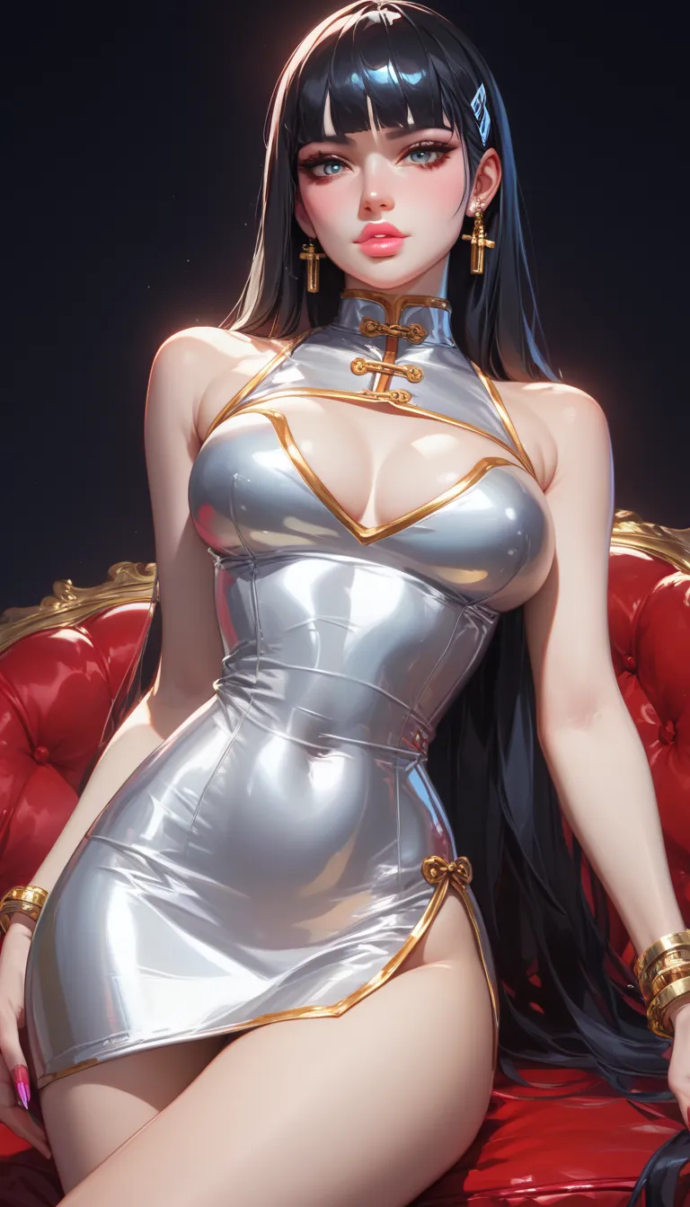 Silver latex cheongsam dress with open chest、Thick lips、depression、20 years old、woman、 black hair 、 red cheeks 、 pink lips、 long straight hair、 dark background、chocker,   stocking,   gold bracelet,   