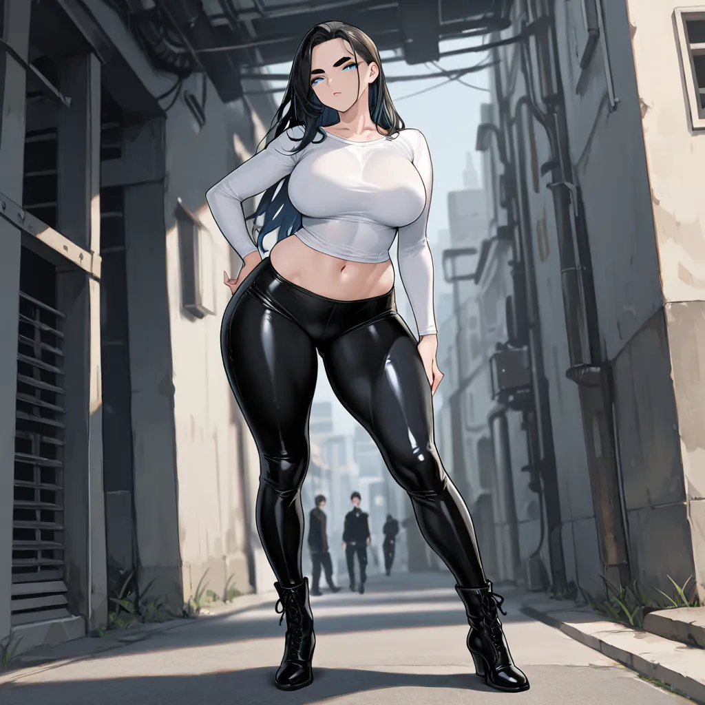 Digital illustration of a beautiful seductive and enigmatic 26-year-old woman, of Latin descent,  with a height of 1 .90 meters. He has a slender body, sensual and voluptuous, with wide hips, well-defined legs and thighs, and big breasts.  His hair is blac...