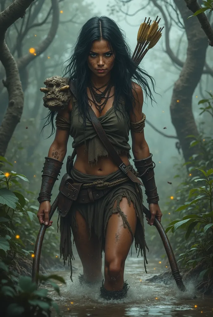 A warrior hunter of the swamp in a highly detailed anime art style. She has long black hair ,  slightly misaligned , matching your fierce and determined expression. Her eyes are intense and penetrating, reflecting your wild and instinctive nature. Your ski...