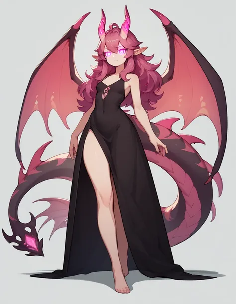 Full rein Dragon women huge wings and huge tail full body dragon.(flat breasts), magenta hair, neon pink eys, glowing eyes, pink horns, black split leg maxi dress, glowing horns, four horns