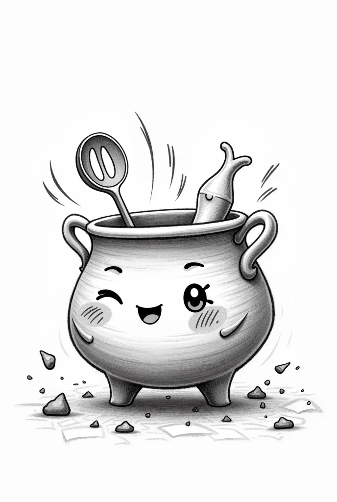 Pencil sketch style anthropomorphic claypot, Cute cartoon style, 6B lead creating soft grayscale with visible erasure marks and construction lines. Broken arcs define pot shape, layered strokes suggest ceramic volume. Pressure-varying jagged lines form chi...