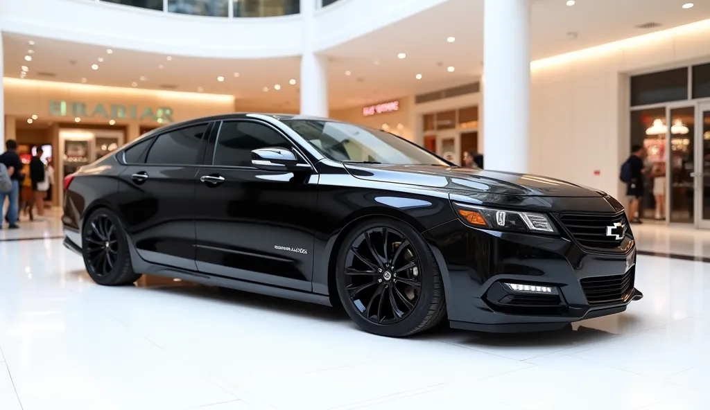 A right side view photo of a full black 2025 Chevrolet Impala SS 427  with a sleek, full modified, modern design. The car is parked on a white surface. The background is a shopping mall with white . The photo reveals the luxurious interior. The overall amb...