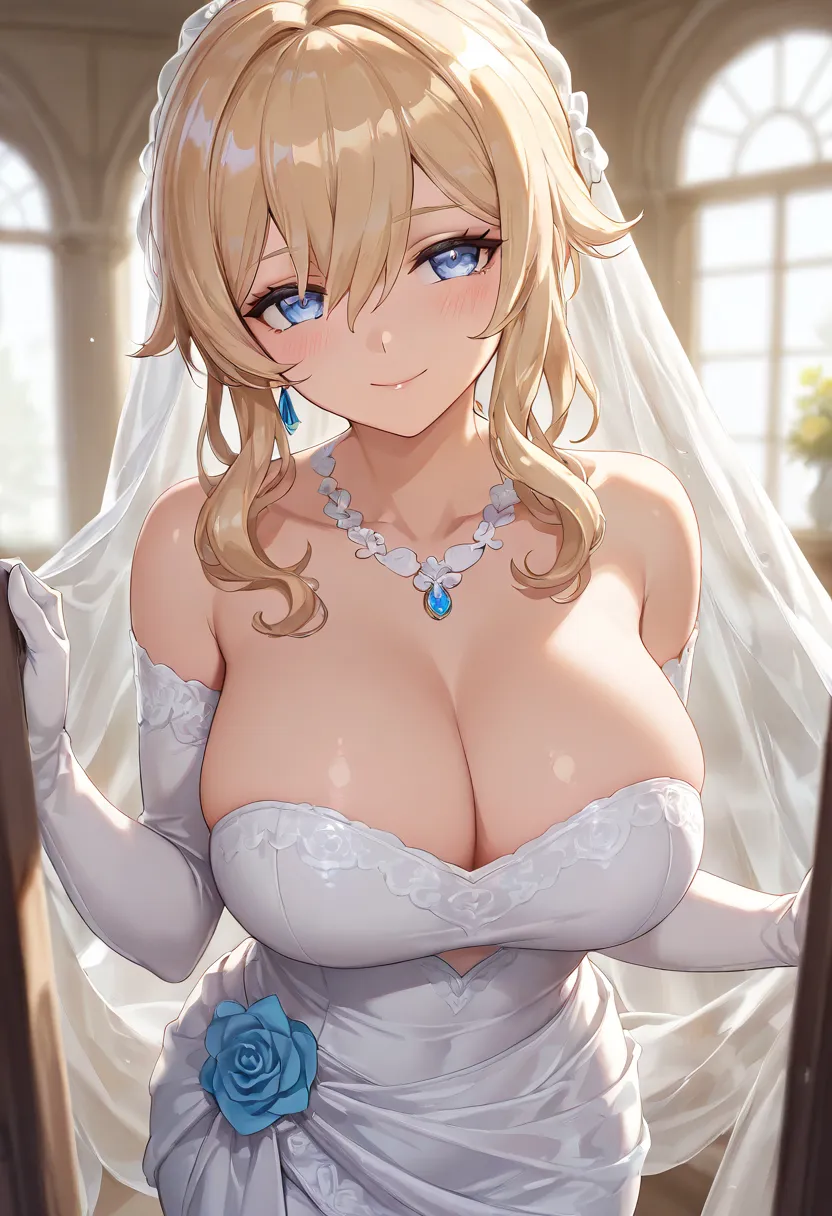 ultra-detailed,(best quality),((masterpiece)),(highres),original,extremely, 1girl, jean,genshin impact, blue eyes, wife,milf, looking at viewer, blonde hair, large breasts, happy,smile, closed mouth, blush, in heat, blush, long hair, wedding outfit, weddin...