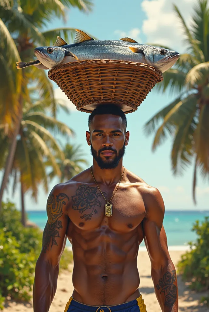 .Neymar Jr. is carrying fish on his head in a basket.



