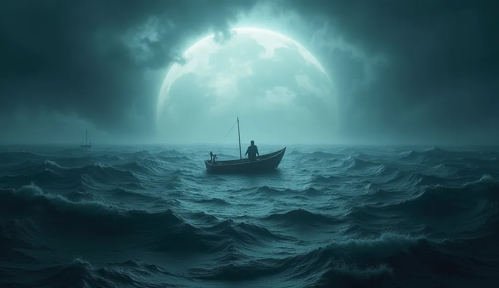 A dramatic scene of Steven Callahan stranded in the middle of the vast Atlantic Ocean on a small lifeboat. The image should be circular, emphasizing his isolation. The endless ocean surrounds him from all sides, with waves stretching to the horizon. In the...