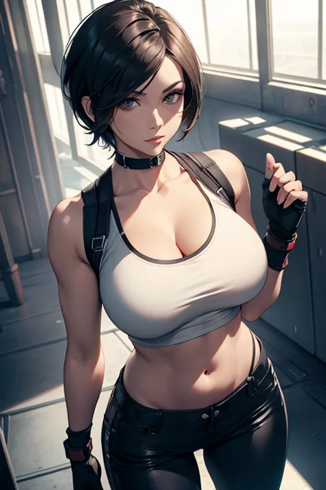 A beautiful woman, short hair,  With a glued tank top, belly button and tight pants, fingerless gloves, tactical style , best quality, HD model,  Masterpiece,  detailed, HD,  Dutch angle , View from above