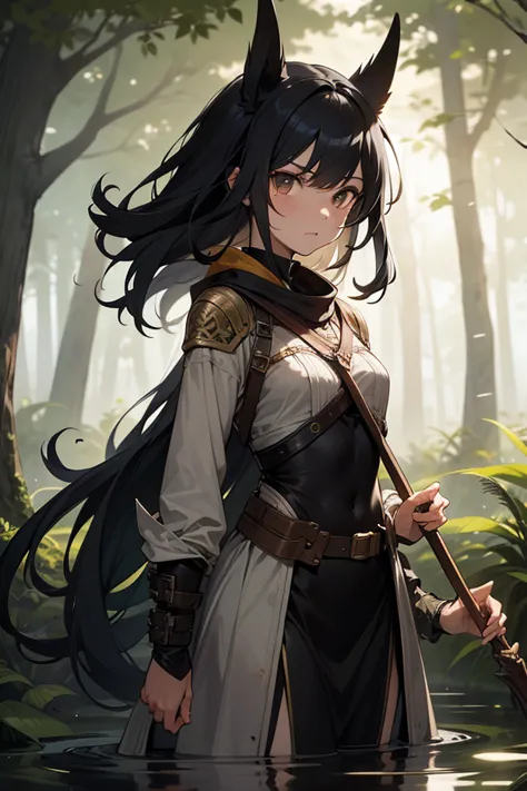 A warrior hunter of the swamp in a highly detailed anime art style. She has long black hair ,  slightly misaligned , matching your fierce and determined expression. Her eyes are intense and penetrating, reflecting your wild and instinctive nature. Your ski...