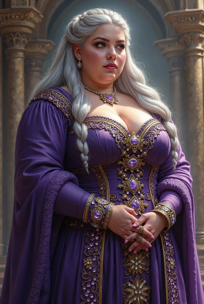 Create a burly medieval queen with a thick waist, very big boobs, Violet Eyes, silver hair with a long braid, with many jewels, especially rings, and a strong purple dress with diamonds and sapphires 