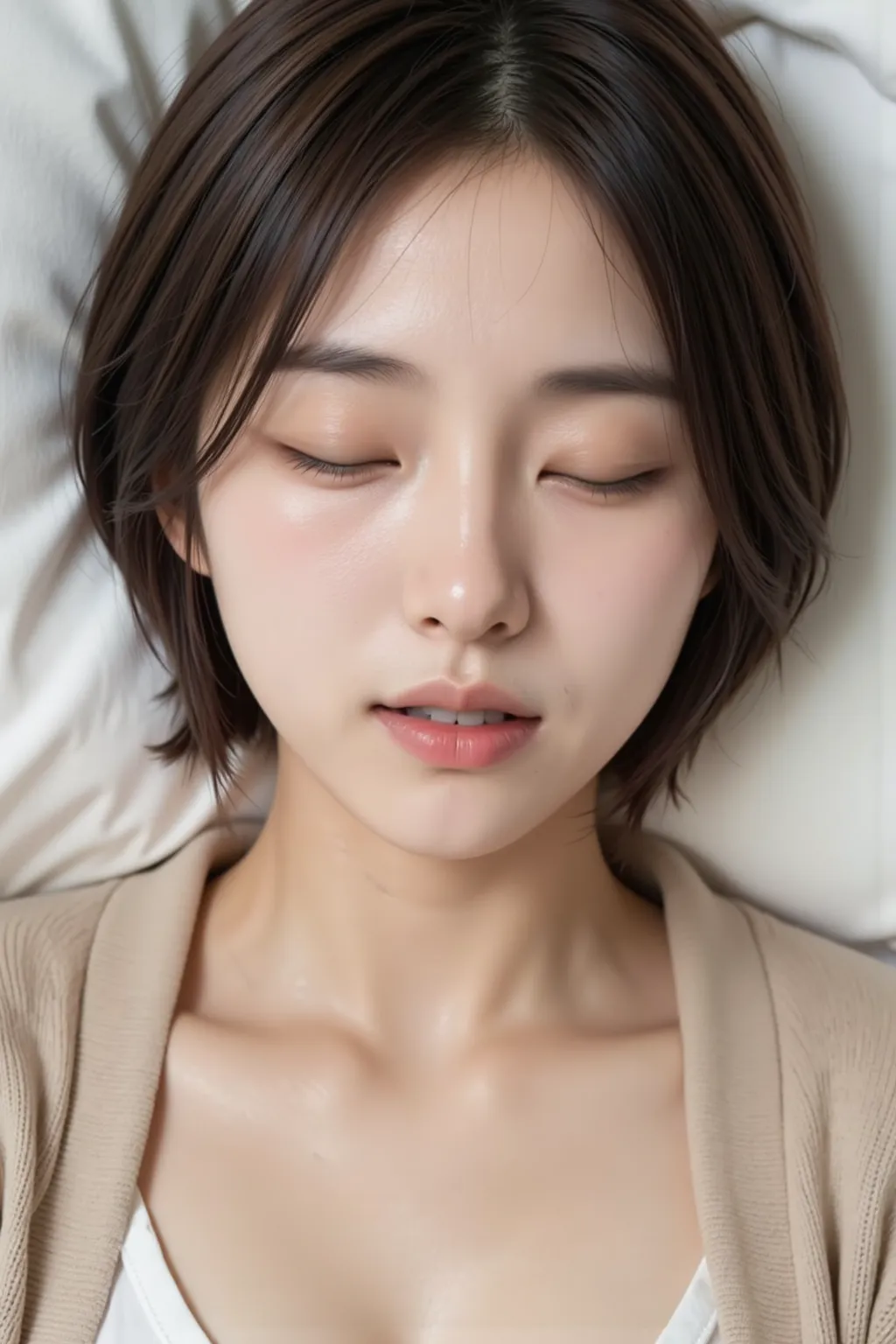 High quality,4K,Super Details,Realism,Professional grade ,bokeh,an Asian female,lying on the bed,There are pillows around ,20 years old,spits out her tongue,Gently close your eyes,Supine,Messy short hair,cardigan,pretty young Korean woman, The face of a be...