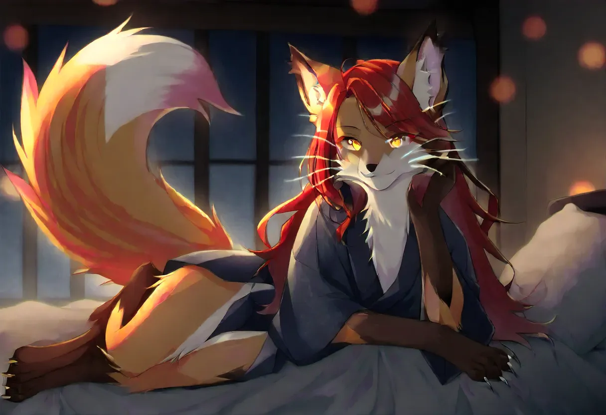 Solo、unpralleled masterpiece、Detailed、 Beautiful、 score_9、 score_8_up、 score_7_up、moody atmosphere、mysterious、fox、anthro、furry、female、orange fur、(long hair、beautiful hair、scarlet red hair、side swept hair、bangs)、yellow eyes、(tuft of fur)、(digitigrade、claws、...