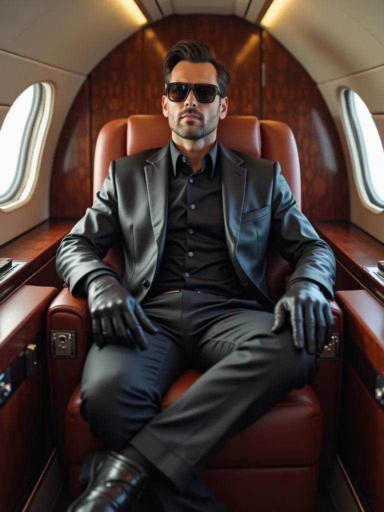 A man in a black leather business suit,  sunglasses,  leather gloves,  leather business shoes, Sits in a leather passenger seat in the 1. Class on an airplane 