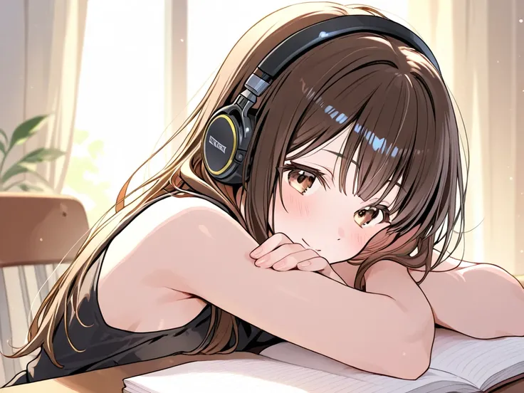 woman 、 is listening to music 、cute but beautiful、 dark brown hair、is looking into the distance、 black small headphones、Sentimental、high quality、4K、8k、Dozing off while studying、