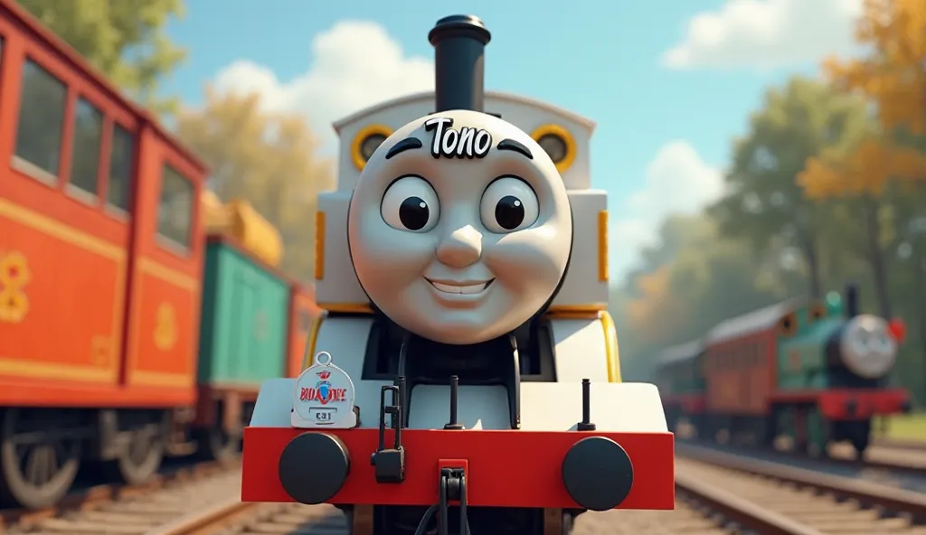 "A cute cartoon train resembling Thomas the Tank Engine, with white stripes and gold trim. It has a friendly face, big expressive black eyes, and a cheerful smile. The word 'TONO' is written in white letters with a black outline on its forehead. Animated i...