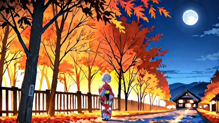 There is a beautiful girl, the girl is drawn precisely, night, the moon is out, moonlight, autumn rice ears, autumn leaves falling, natural scenery, no city, countryside, the girl is wearing a Japanese kimono, the kimono is colorful, silver hair, alone, be...