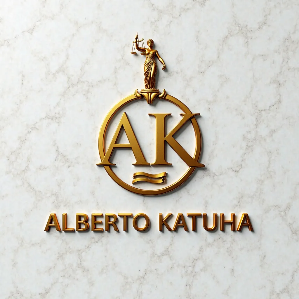 A 3D logo on a white granite wall with the initials 'AK' and the name 'ALBERTO KATUHA'. Above the text is a symbol of a woman holding a balance scale. The initials and name are surrounded by a gold circle, with a flag below it. The entire design is elegant...