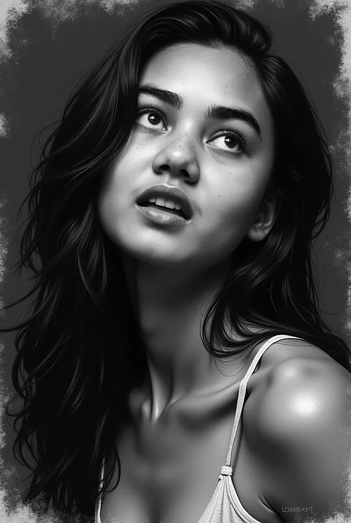 close up 1 muscular Malay woman, sketch, seductive, sensual, beauty face, chubby cheeks, beauty eyes, double eyelids, perfect face, black and white, the subject looks up, charcoal art, long black hair, rough sketch, detailed drawing stroke, dark backgroud