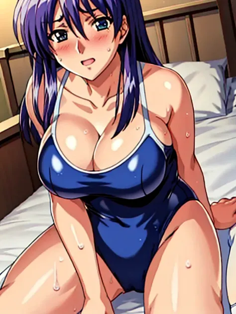 realistic, masterpiece, top quality, perfect anatomy, (beautiful eyes), One high school girl,  tight school swimsuit, Big Breasts, sweat,,  Eri Takabe:1.3、 nasty smiles, is embarrassing,blush:1.3、sweat 、 open,   , sit on the bed, Knee Socks、time frame、beau...