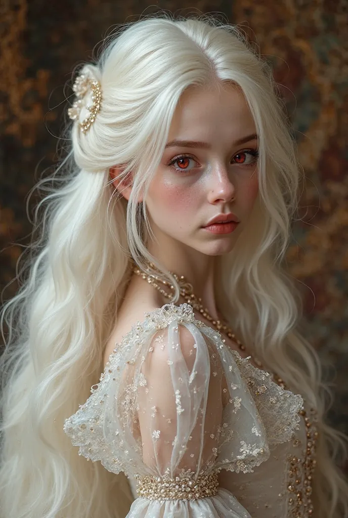 cute yet beautiful , she's a princess, white long hair neatly styled, red eyes, pale skin, albinism, white eyebrows and eyelashes match her hair, formal royal dress, soft lighting, realistic, intricate details, warm colors, formal pose, like a painted port...