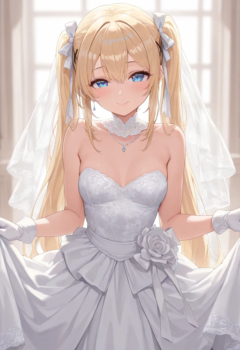 ultra-detailed,(best quality),((masterpiece)),(highres),original,extremely, 1girl, marie tose, twin tails, blue eyes, wife,milf, looking at viewer, blonde hair, happy,smile, closed mouth, blush, in heat, blush, wedding outfit, wedding, wedding dress, small...