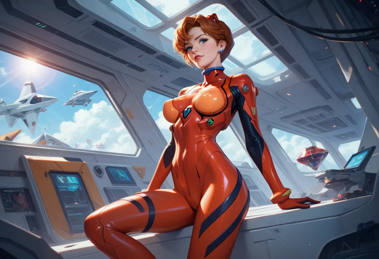 Lady pilot in Spaceship with fashioned, slutty cybersuit, monolith. scifi character, jewels. Evangelion art.