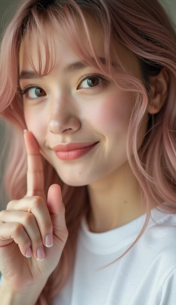 Close-up portrait of a young woman, probably in her late 20s or early 20s. Brown eyes, LIGHT PINK wavy hair with bangs framing her face. Soft, fair skin tone. Gentle, almost shy expression with a slight smile. She is pointing upwards. White t-shirt. Soft, ...