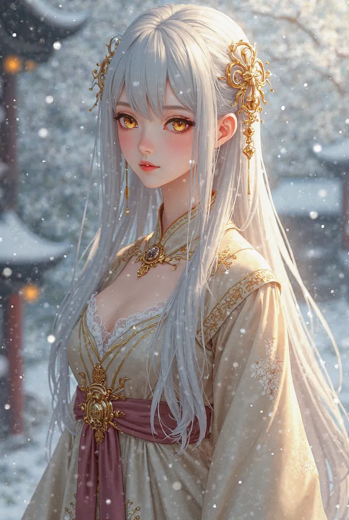 Apothecary Diaries character anime style, Long snow white hair, golden eyes , wearing a hanfu garments ,beautiful, concubine