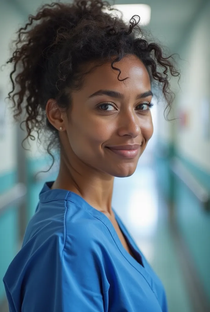 Image is a digital thumbnail featuring a split layout with a woman . The woman has medium brown skin, curly dark hair tied back, and is wearing a blue scrub top, suggesting a medical setting. She is smiling slightly and positioned in a hospital corridor, w...