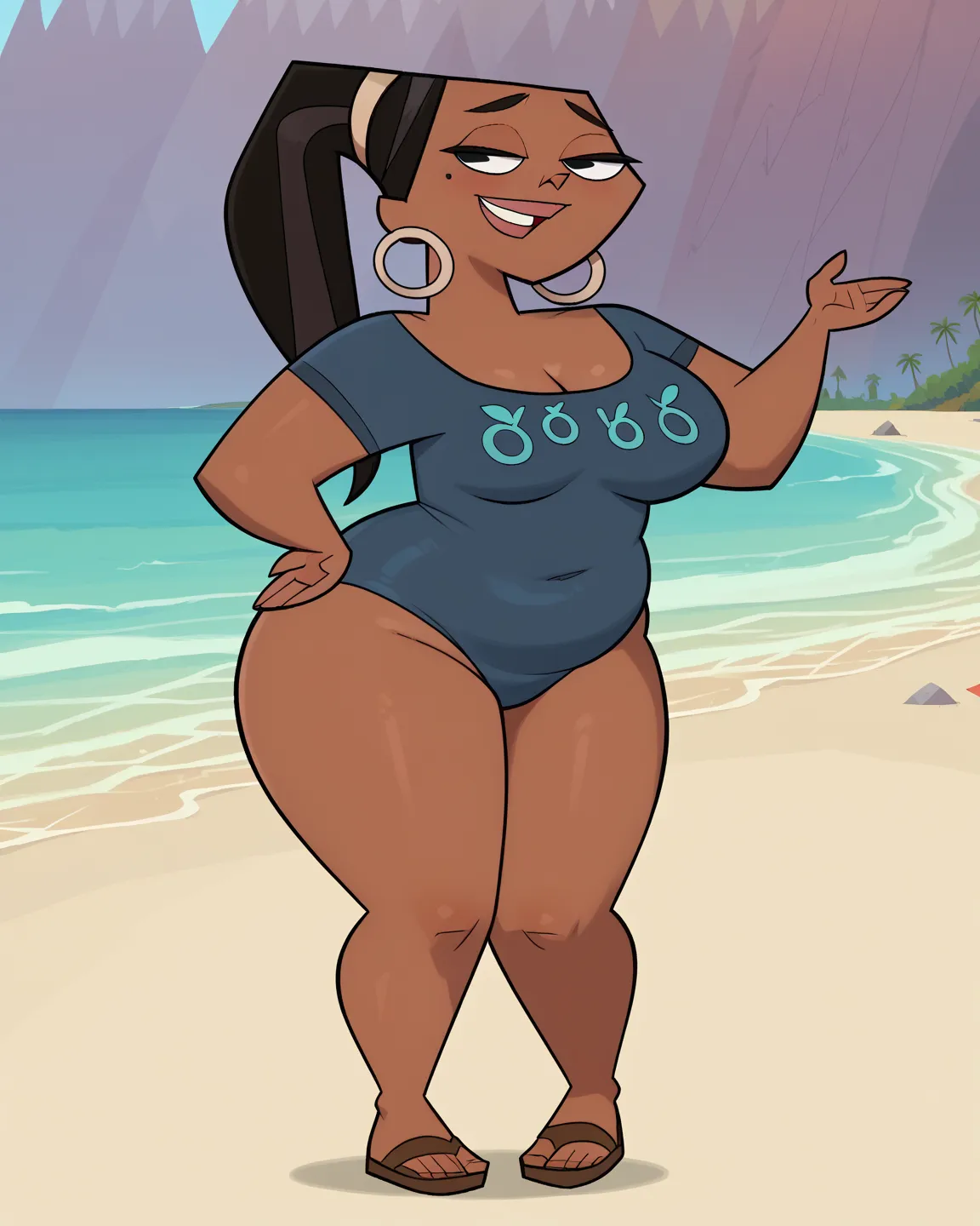 score_9, score_8_up, score_7_up, 1girl, Leshawna, dark skin, black hair, ponytail, black eyes, hoop earrings, mole under eye, large breasts, wide hips, looking at viewer, highres, high quality, masterpiece, full length body, brown sandals, short-sleeves, r...