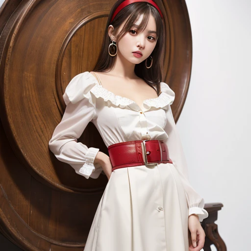  top quality , very detailed,masterpiece, ULTRA DETAIL,Alone,(Delicine eyes),(White background:1.3),red eyes, standing, belt skirt ,[trench coin:20],gem, mole_Down_eye,  in rot _in_viewer, Frilled_ headband, earrings for women with first name