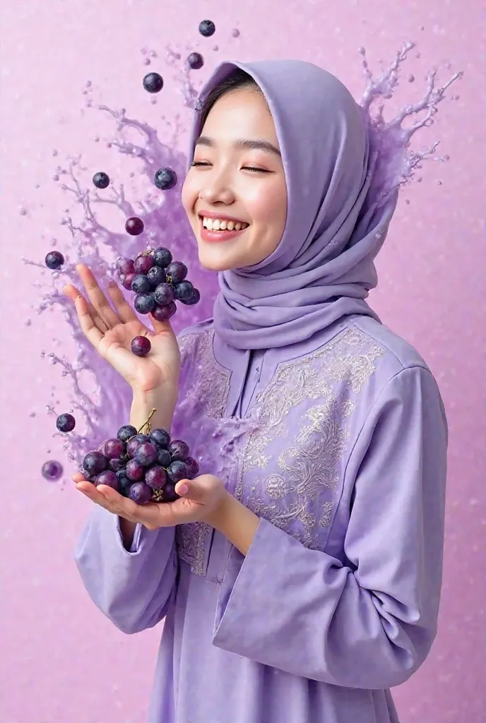 The image show a person beautiful Korean woman wearing a lavender hijab and a matching lavender dress with intricate Embroidery on the chest area. The person ia surrounded by a splash of purple liquid , there are many fruits like grapes and blueberries flo...