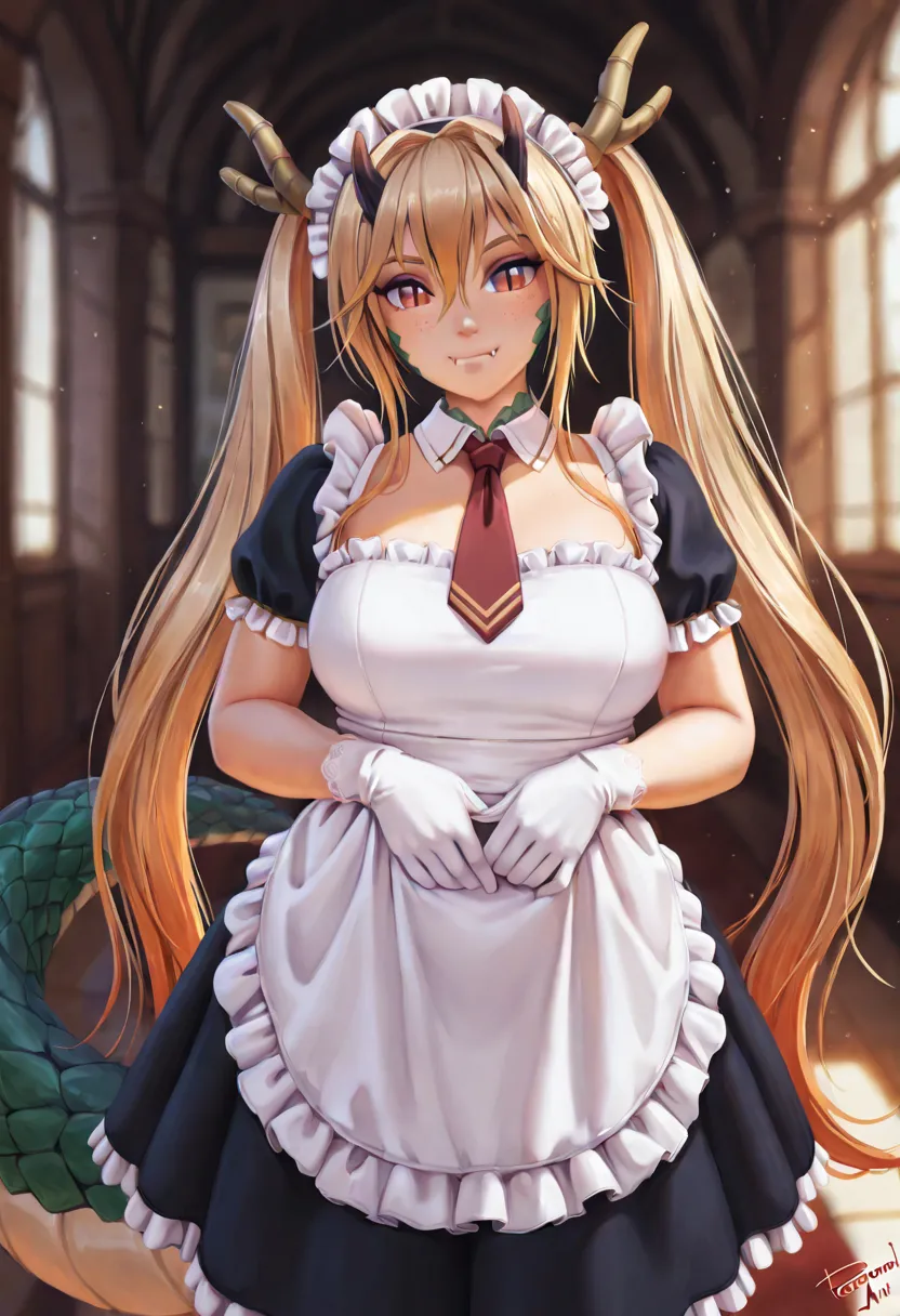 By personalami . tohru, long hair, bangs, blonde hair, hair between eyes, twintails, very long hair, multicolored hair, horns, fang, gradient hair, dragon horns, red eyes, slit pupils,
gloves, dress, tail, short sleeves, necktie, white gloves, maid, maid h...