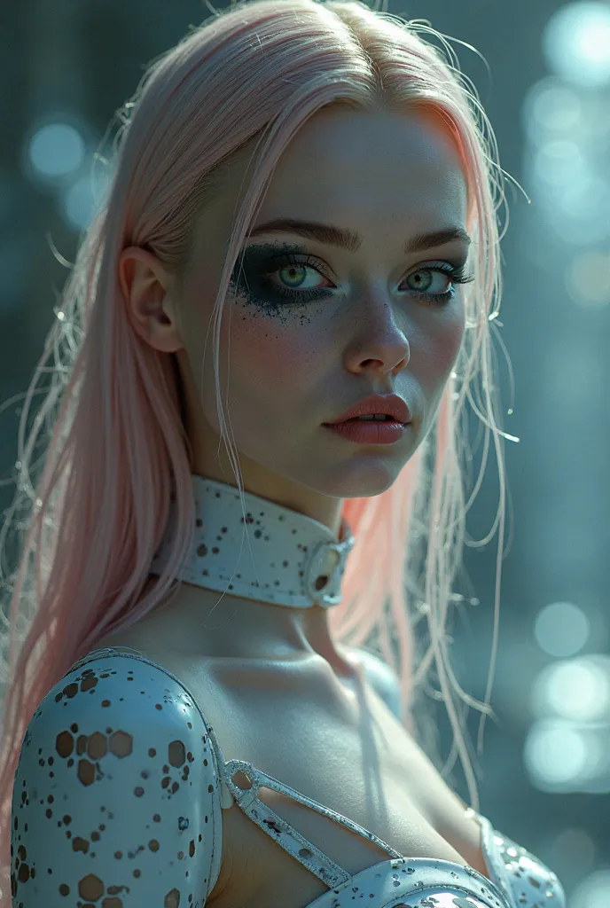 Closeup on eyes,Facing viewer,Two androids behind,Closeup, looking to viewer  ,white alien medical room,Heavy rain drops,Closeup ,Lens flare,Completely_naked,vast alien beach planet,Discarded Marionette,hexagonal see through bodysuit  ,Haliee steinfeld,blu...