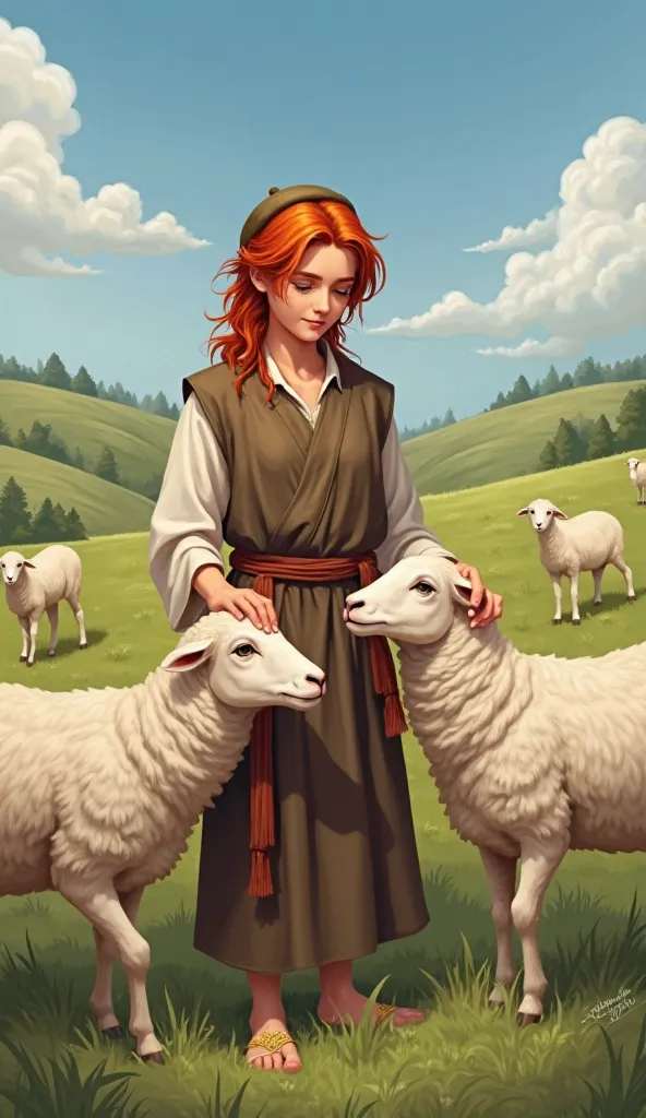 Young red-haired Jewish shepherd stroking a sheep among other sheep with a happy countenance