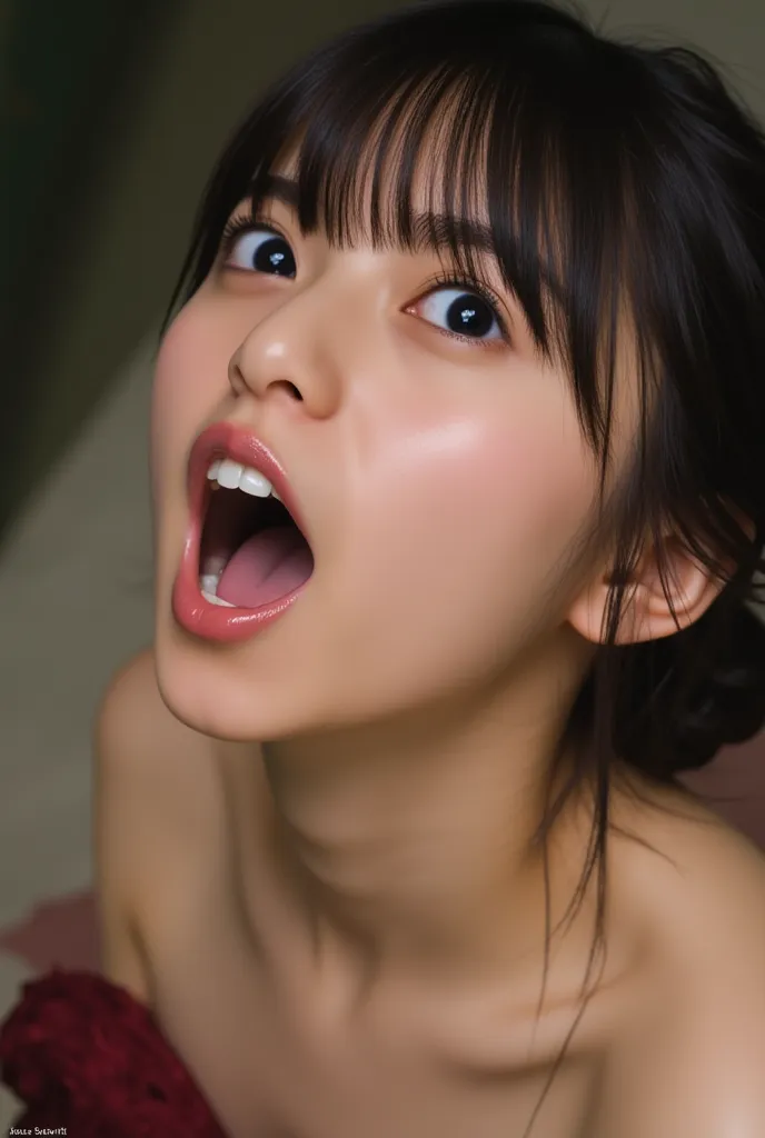 Saito Asuka opens her mouth wide,NFSW,erotic, This image is an upportrait of a young woman's face、   I'm concentrating on my mouth   , masterpiece, top quality,16k,8k,beautiful、There is semen in her mouth、 she looked up and 、 in the background 。She's Not W...