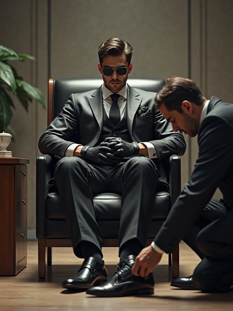 A young man in a black leather business suit ,  sunglasses,  leather gloves,  leather business shoes, Sits in a leather office chair in an office and a servant kneels before him and cleans his shoes 