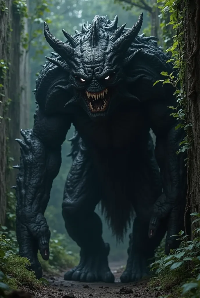 Make a very large ugly black monster without thorns with smooth skin, Black,(At night) It's very dark you can barely see the creature, Ultra-realistic lowered hunchback, In the middle of the bush with white eyes, Black monster,place has trees and a wall wi...