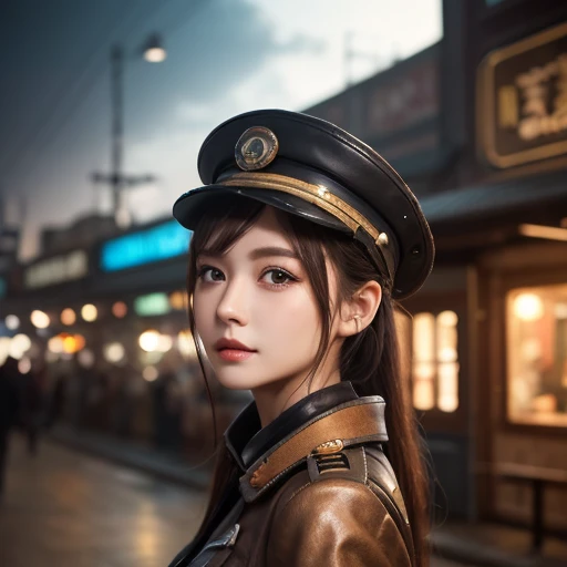  1 girl,   Pilot Cap  ,   faceup、Alone,    steam punk, station,  ,  steam,, Masterpiece,   very detailed on trends , high resolution, 8k resolution,  best quality ,