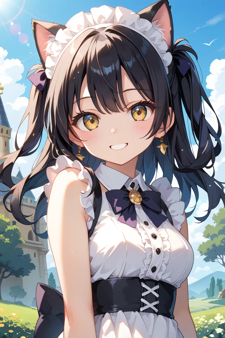 Maid girl with cat ears 、Mysterious gothic castle
1 girl,    Soft Smile、 long black hair、golden eyes,  cute face 、High Contrast Between Mouth and Nose、 、Fluttering hair with hand marks、Dramatic Lighting、bright color、Strong Strokes、lens flare 、 nothing  , m...