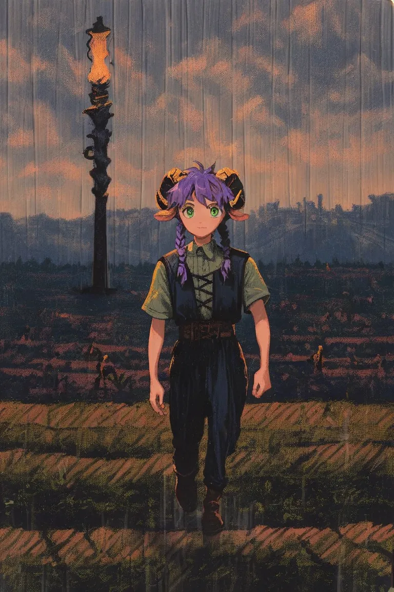 check_9, check_8_  upwards, check_7_  upwards, green eyes , vermis style , One, lamb ears   , (sheep horns   :1,5) , Very detailed illustration , ( The anthropomorphic lamb boy in the background:1,7), Light skin , Purple hair, green glazes, (19 years old) ...