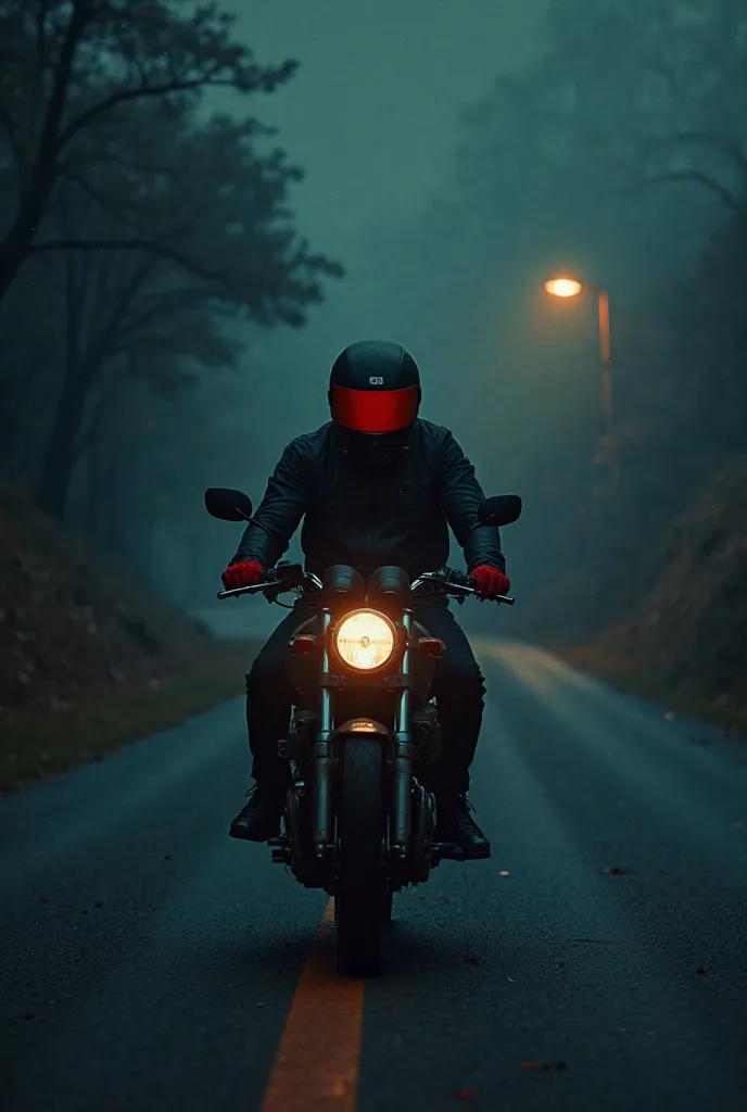  Write  . THE MOTORCYCLIST AND ME
Design.dark road with a streetlight
With black helmet and orange visor and red gloves 
This detainee is sitting on his motorcycle