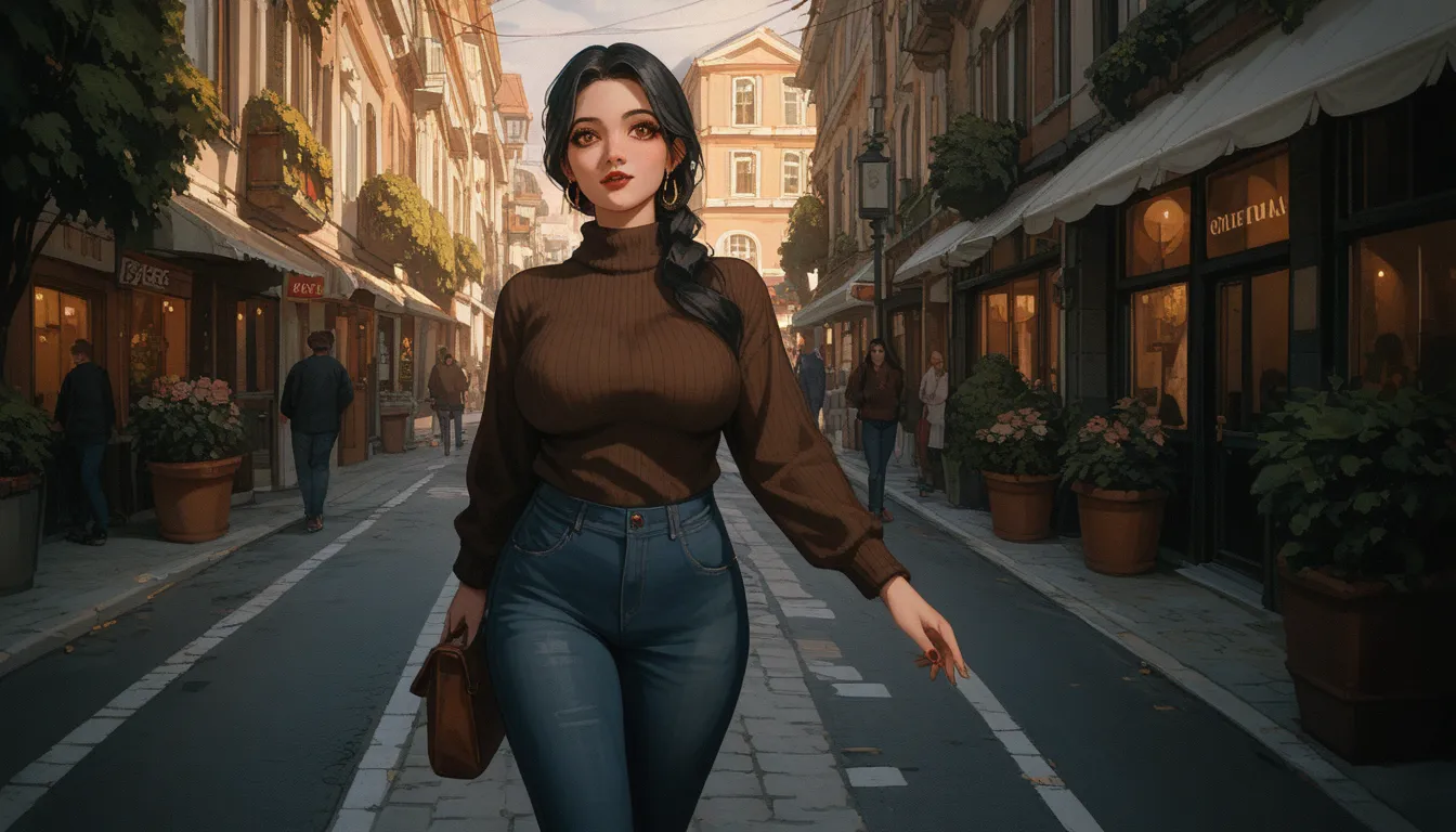 Beautiful woman, long black hair, brown eyes, 20 years old, nice breasts, wearing a dark brown sweater, walking down the street in a neighborhood, 1980s movie, horror movie
